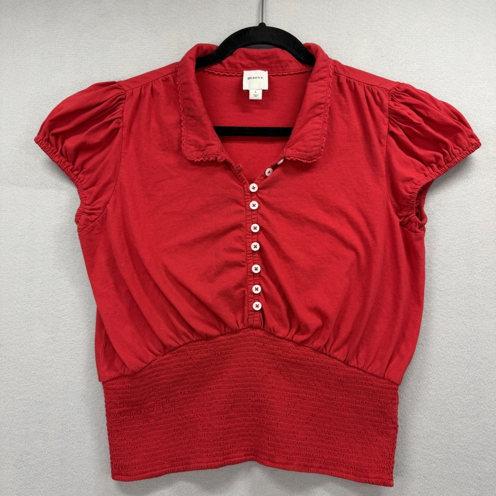 Maeve by Anthropologie Blouse Top Womens Large Red Smocked Waist Button Front